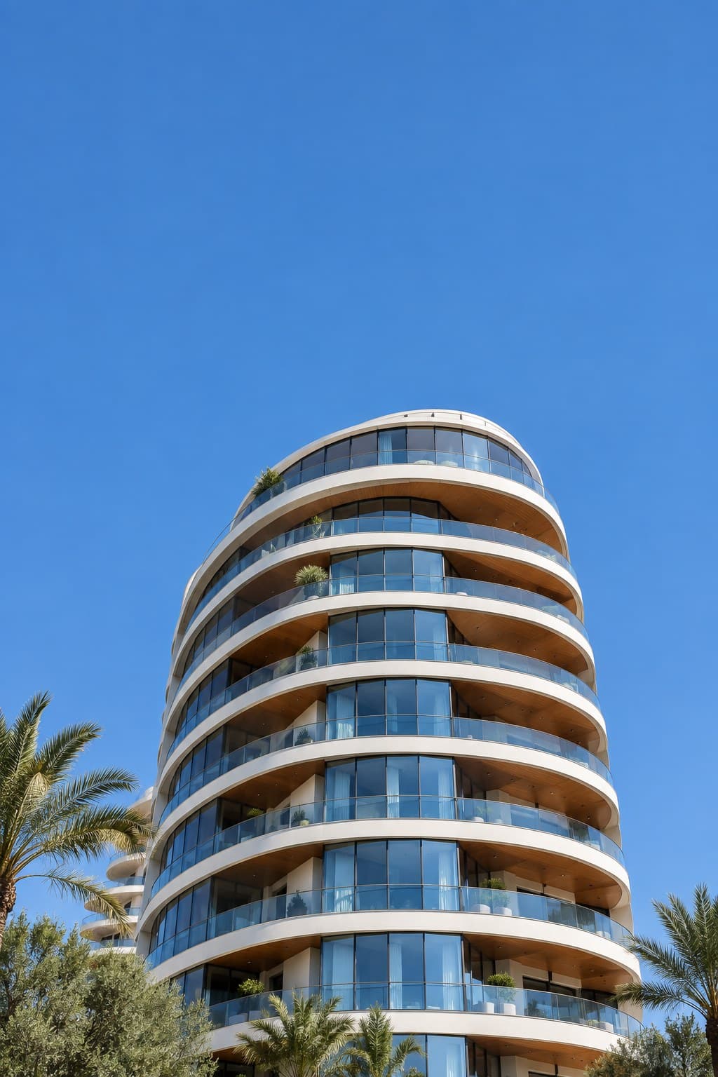 Curved glass residential tower against a clear blue sky