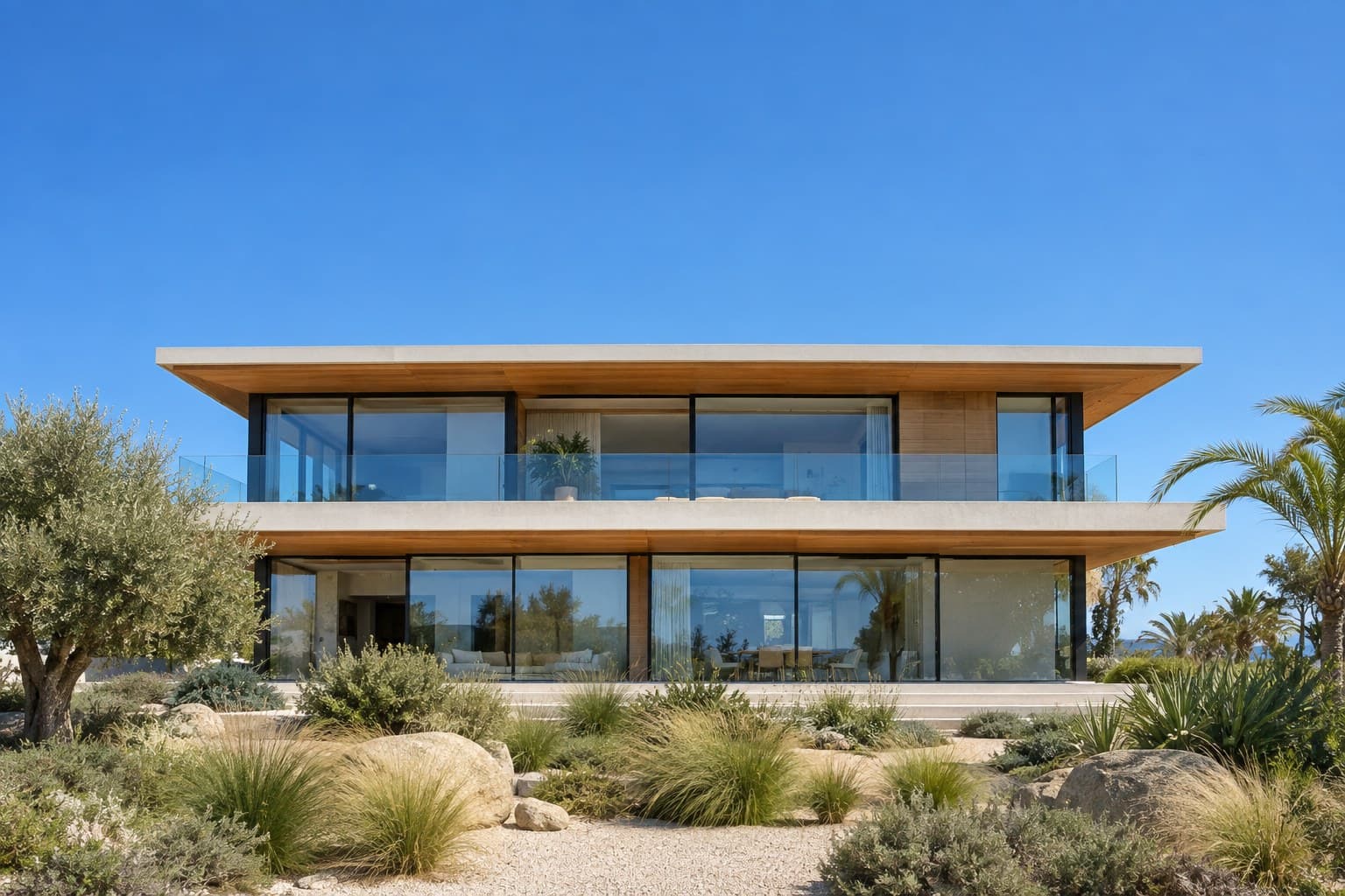 Two-storey glass and timber house in a coastal garden