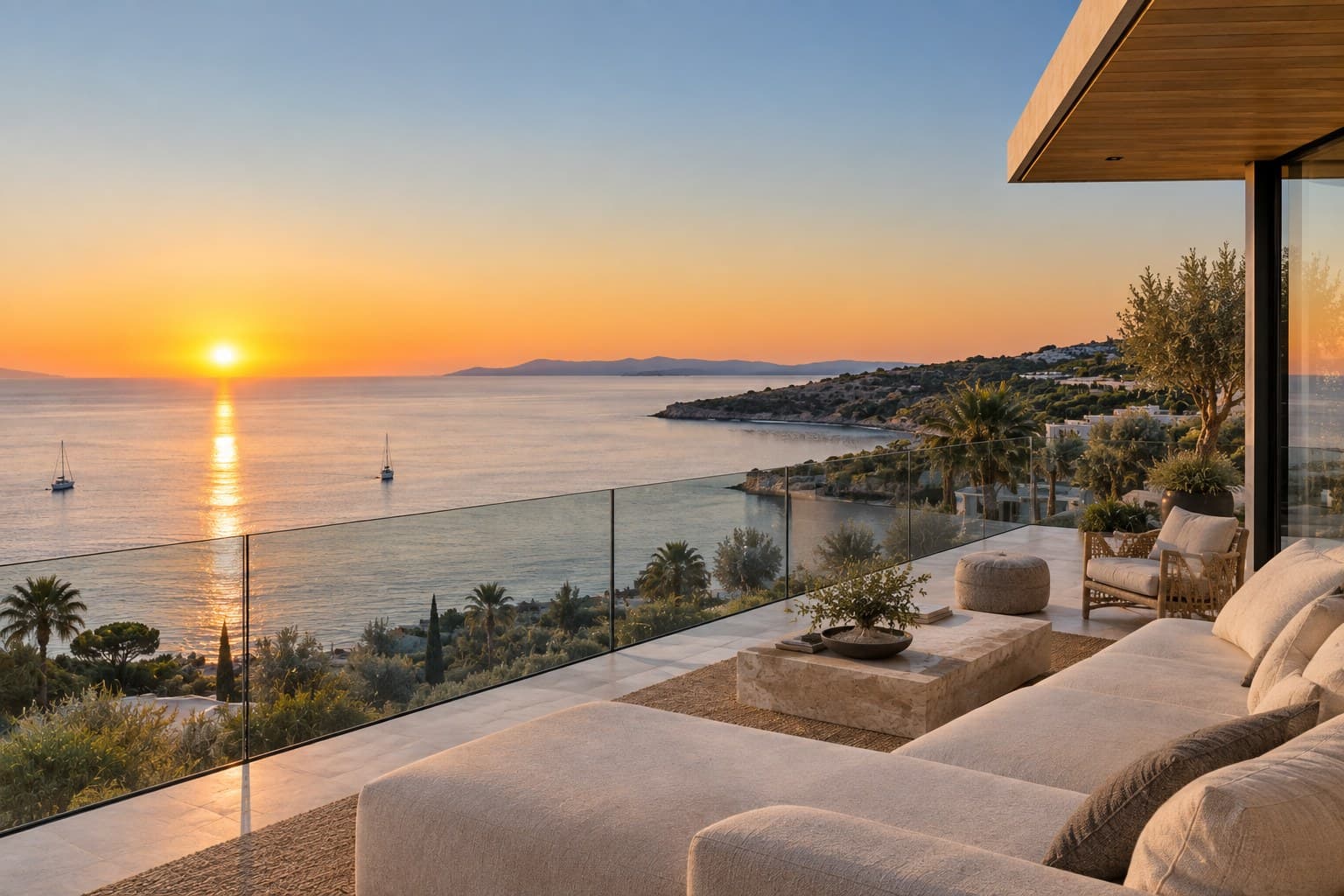 Sunset over the water from a terrace