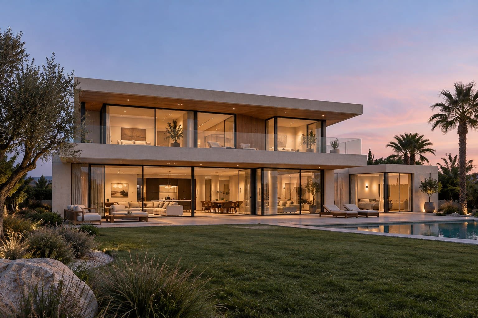 Villa at dusk with warm interior lights