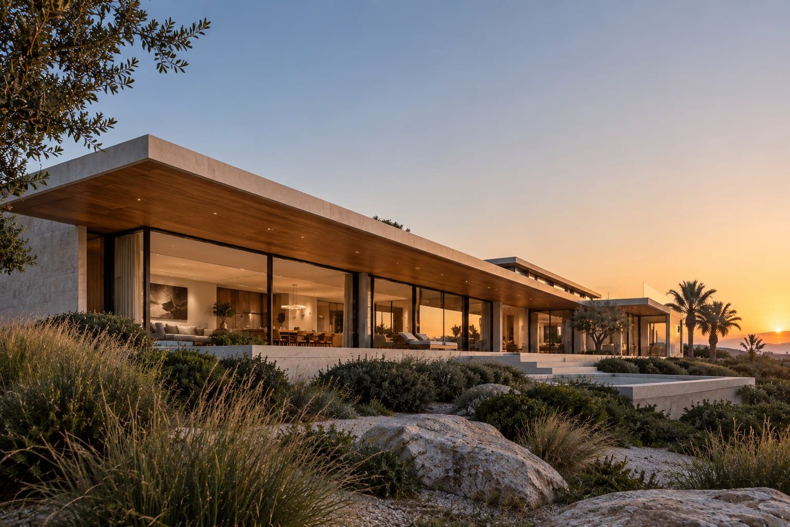 Wide view of a glass house at dusk