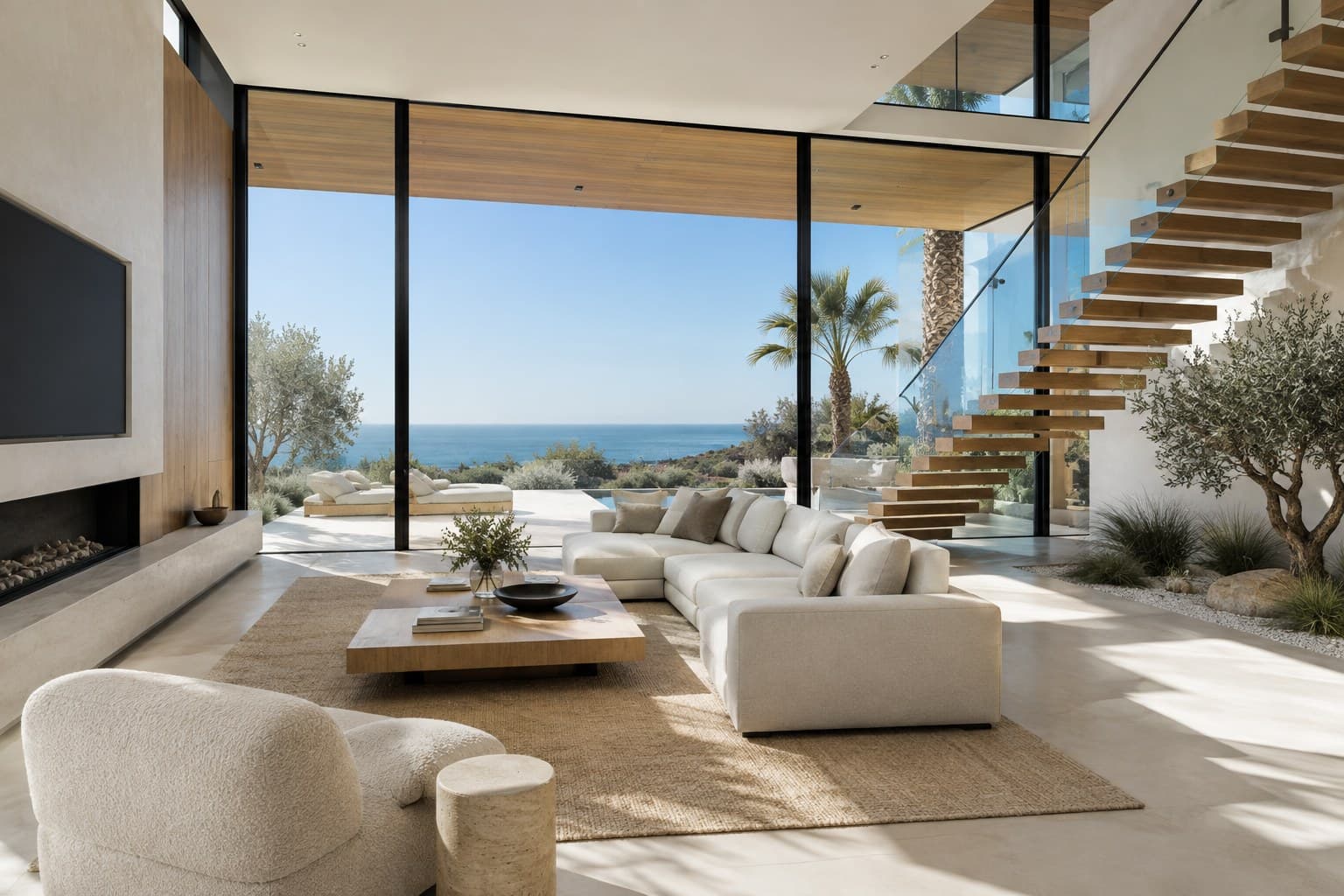 Living room with floating stair and sea view